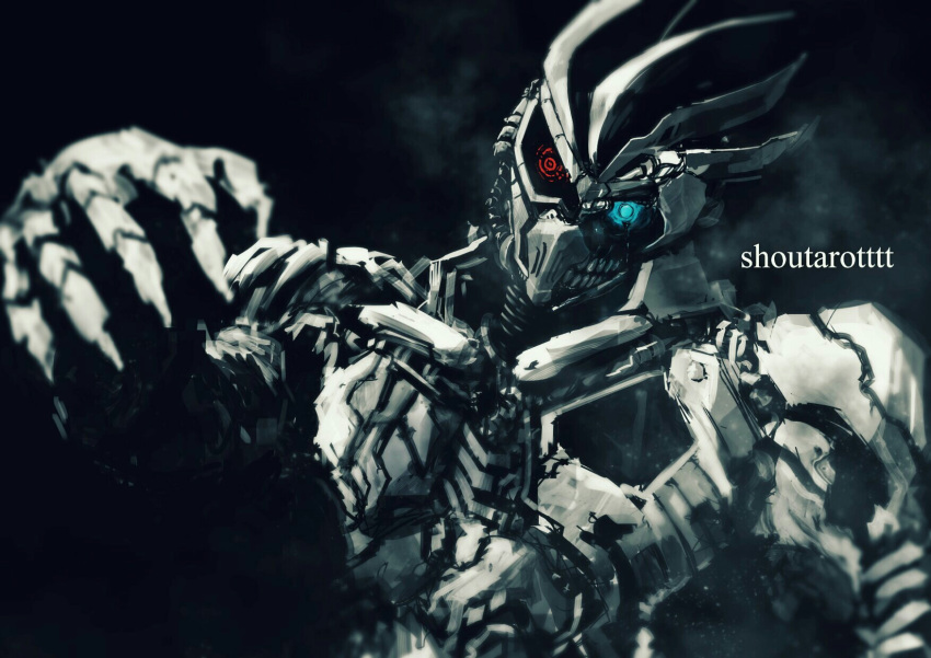 1boy, artist_name, black_tears, blue_eyes, broken_helmet, dangerous_zombie_level_x, highres, kamen_rider