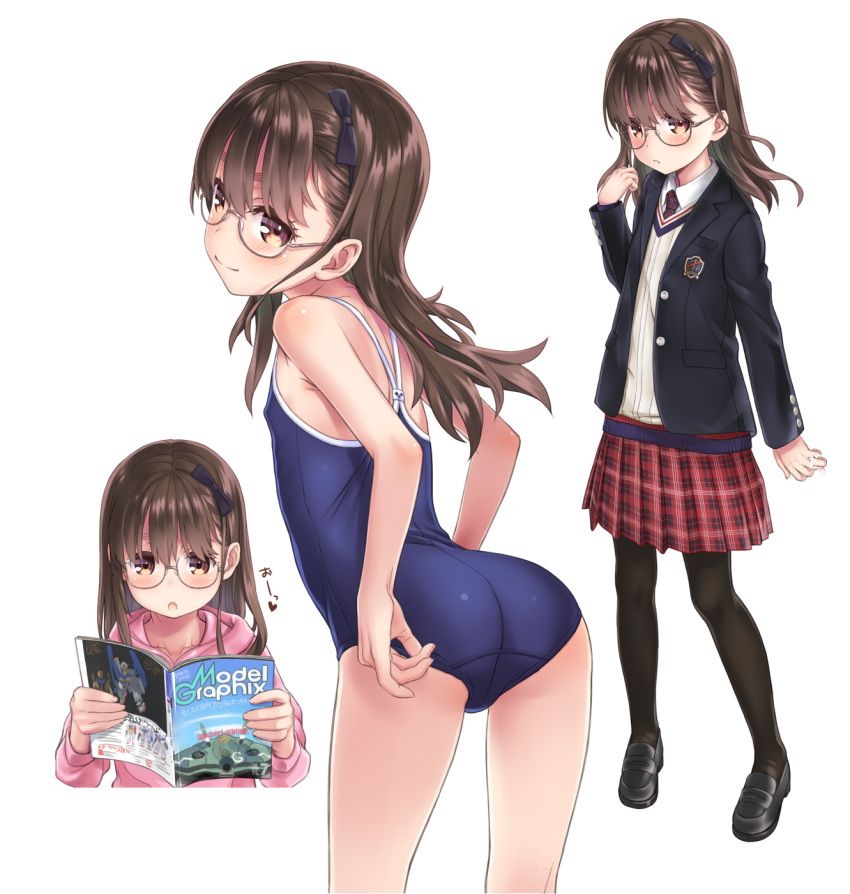 1girl, aoi_kumiko, ass, bangs, black_ribbon, blazer, blush, bow