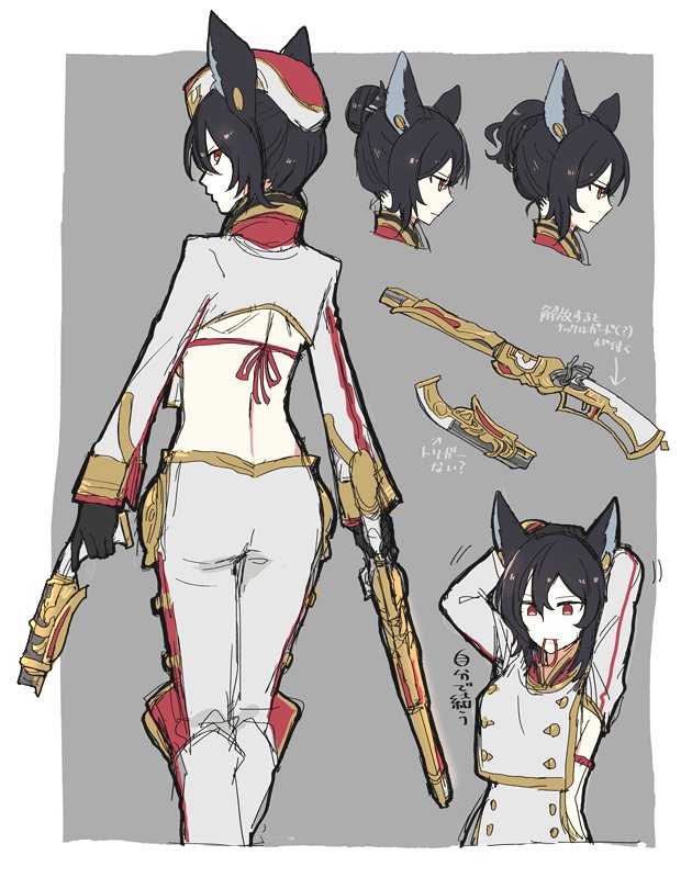 1girl, back, backless_outfit, bangs, black_hair, colored, commentary_request, dual_wielding, ear_piercing, erun_(granblue_fantasy), expressionless, gloves, granblue_fantasy, grey_background, gun, hair_between_eyes, hair_bun, hat, ilsa, long_hair, pants, piercing, ponytail, red_eyes, solo, translation_request, tying_hair, wanotsuku, weapon