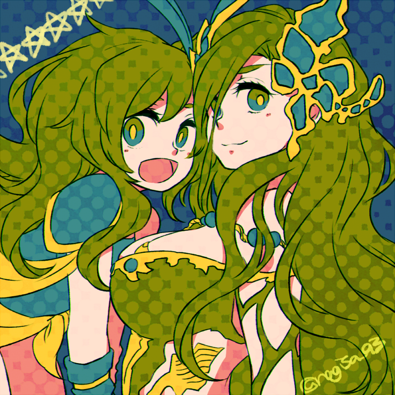1girl, breasts, cleavage, dress, final_fantasy, final_fantasy_iv, green_eyes, green_hair