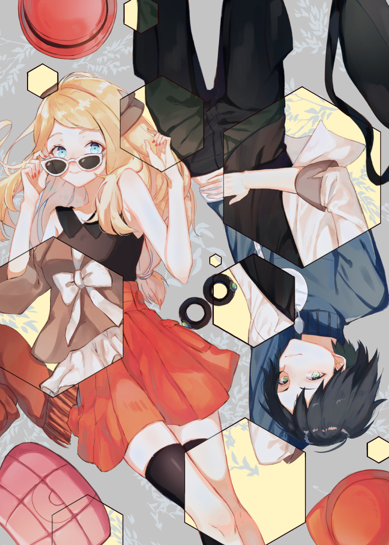 1boy, 1girl, ahoge, arm_behind_head, arm_up, back, bag, bangle