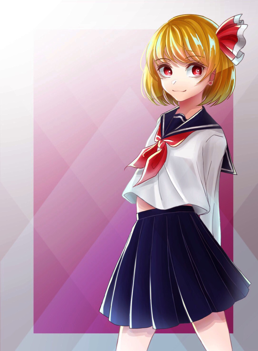 1girl, alternate_costume, ascot, blonde_hair, hair_ribbon, highres, pleated_skirt, red_eyes