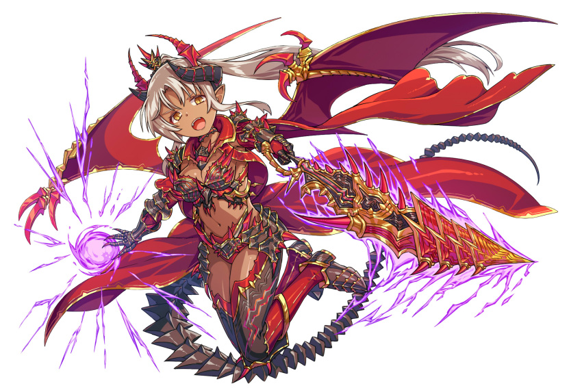 1girl, :d, armor, breasts, cape, choker, cleavage, dark_skin