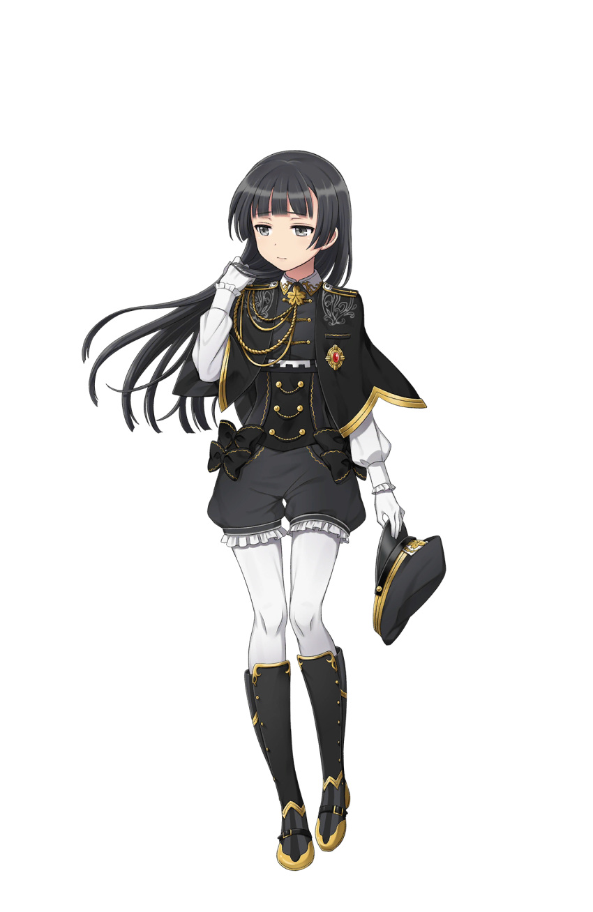 1girl, arisugawa_kaoru, black_bow, black_eyes, black_footwear, black_hair, black_hat, boots