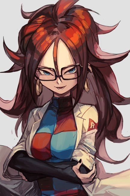 1girl, android_21, black-framed_eyewear, blue_eyes, breasts, brown_hair, checkered, checkered_dress