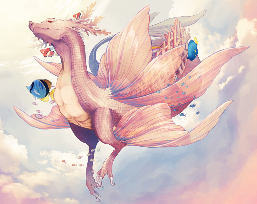 clouds, clownfish, dragon, fish, fukeda_chiho, highres, no_humans, original