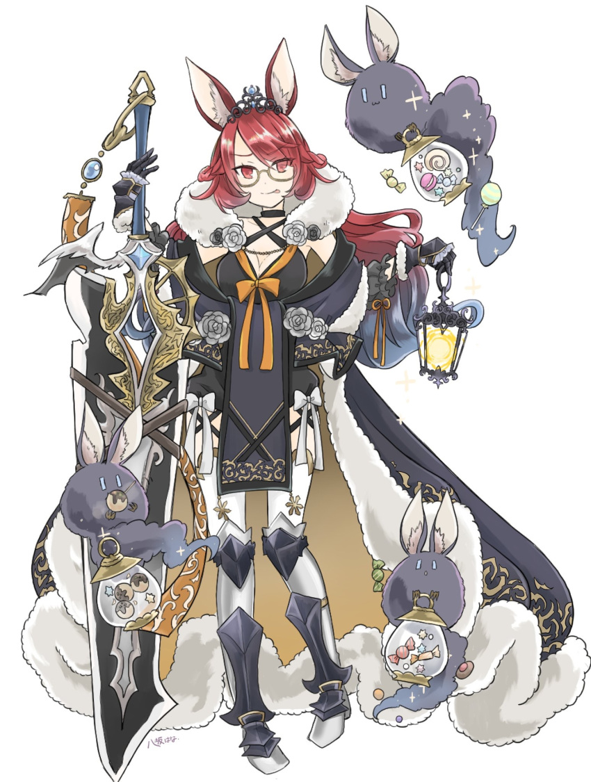 1girl, animal_ears, black_gloves, black_legwear, boots, braid, breasts, brown-framed_eyewear, candy, crown_braid, food, full_body, fur_trim, glasses, gloves, gradient_hair, greaves, hana_pur24, highres, lantern, long_hair, looking_at_viewer, medium_breasts, multicolored_hair, original, redhead, solo, standing, sweets, sword, thigh-highs, tiara, tongue, tongue_out, weapon, white_legwear