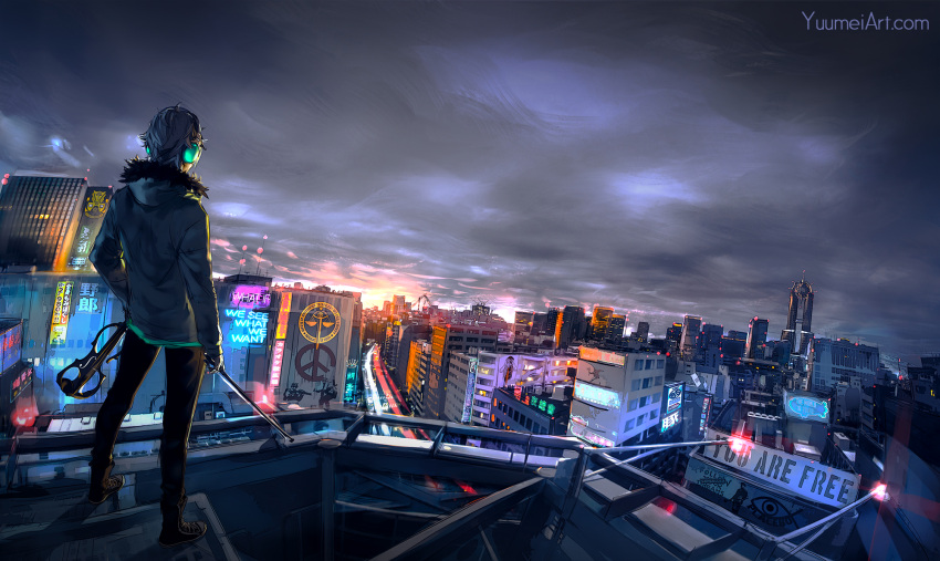 1boy, city, fisheye_placebo, frey_(fisheye_placebo), from_behind, fur_trim, headphones, highres, hood, hood_down, hooded_coat, instrument, outdoors, overcast, silver_hair, solo, standing, violin, watermark, web_address, wenqing_yan