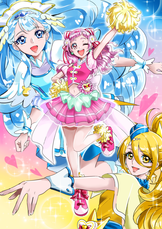 blonde_hair, blue_eyes, blue_hair, cure_ange, cure_etoile, cure_yell, double_bun, earrings
