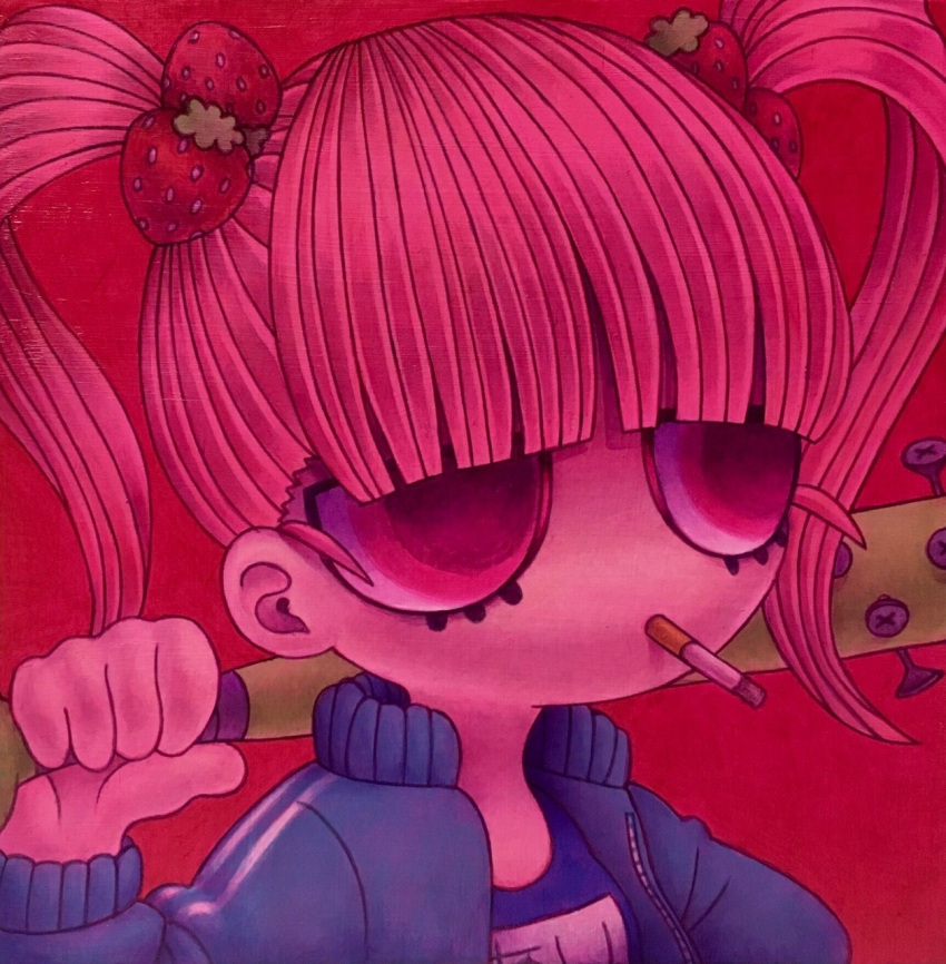 1girl, baseball_bat, cigarette, food_themed_hair_ornament, hair_ornament, icon, jewelery, long_hair, natoyuka, original, pink_eyes, pink_hair, red_background, side_ponytail, simple_background, solo, strawberry, strawberry_hair_ornament, sweater, tagme, twintails