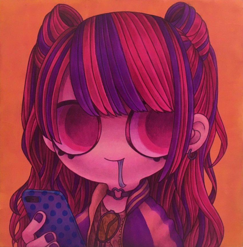 1girl, choker, drill_hair, earrings, fingernails, icon, long_hair, multicolored_hair