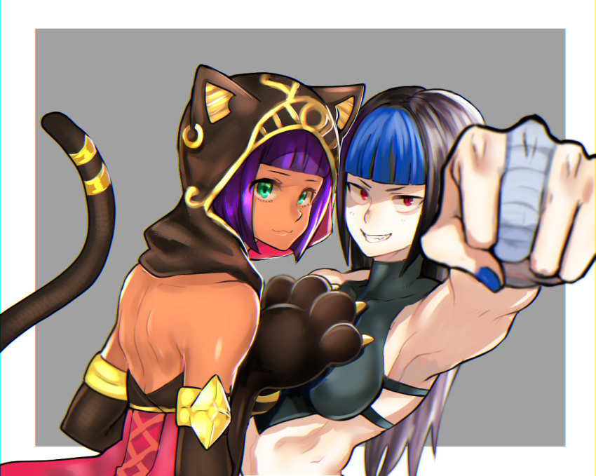 2girls, alternate_costume, alternate_eye_color, alternate_hair_color, alternate_hair_length, alternate_hairstyle, animal_hood, armpits, back, bangs, black_hair, blue_hair, blunt_bangs, bob_cut, cat_hood, cat_paws, cat_tail, clenched_hand, dark_skin, dudou, elbow_gloves, evolution_championship_series, eye_(mememem), fang, gloves, green_eyes, grin, han_juri, hood, infiltration, long_hair, looking_at_viewer, medieval, menat, multiple_girls, outside_border, paws, punching, purple_hair, red_eyes, short_hair, smile, street_fighter, street_fighter_iv_(series), street_fighter_v, tail, tail_ring