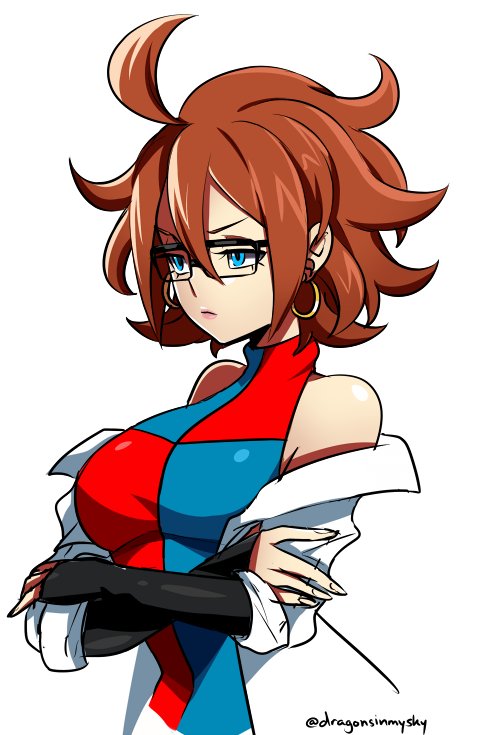 1girl, ahoge, alternate_hair_length, alternate_hairstyle, android_21, bare_shoulders, black-framed_eyewear, blue_eyes