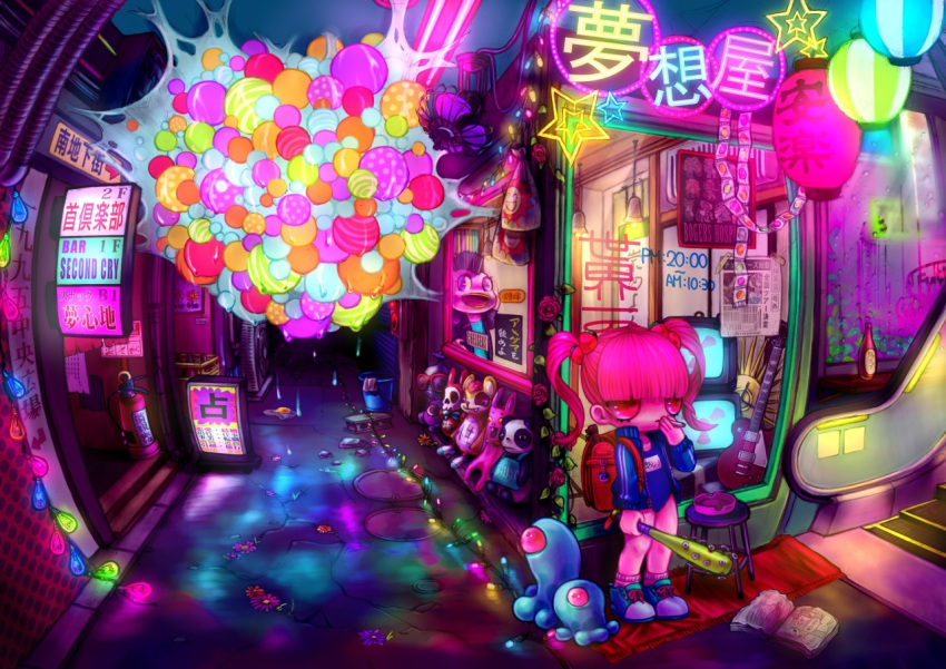1girl, alien, backpack, bar, baseball_bat, book, cigarette, city, guitar, hair_ornament, instrument, lights, long_hair, natoyuka, neon_lights, night, original, pink_hair, red_eyes, road, side_ponytail, spider_web, strawberry, strawberry_hair_ornament, stuffed_animal, surreal, tagme, text, twintails