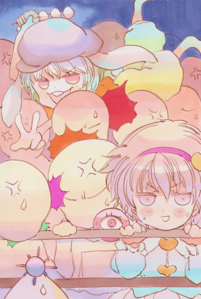 2girls, anger_vein, animal_ears, barefoot, blouse, buck_teeth, commentary_request, crowd_surfing