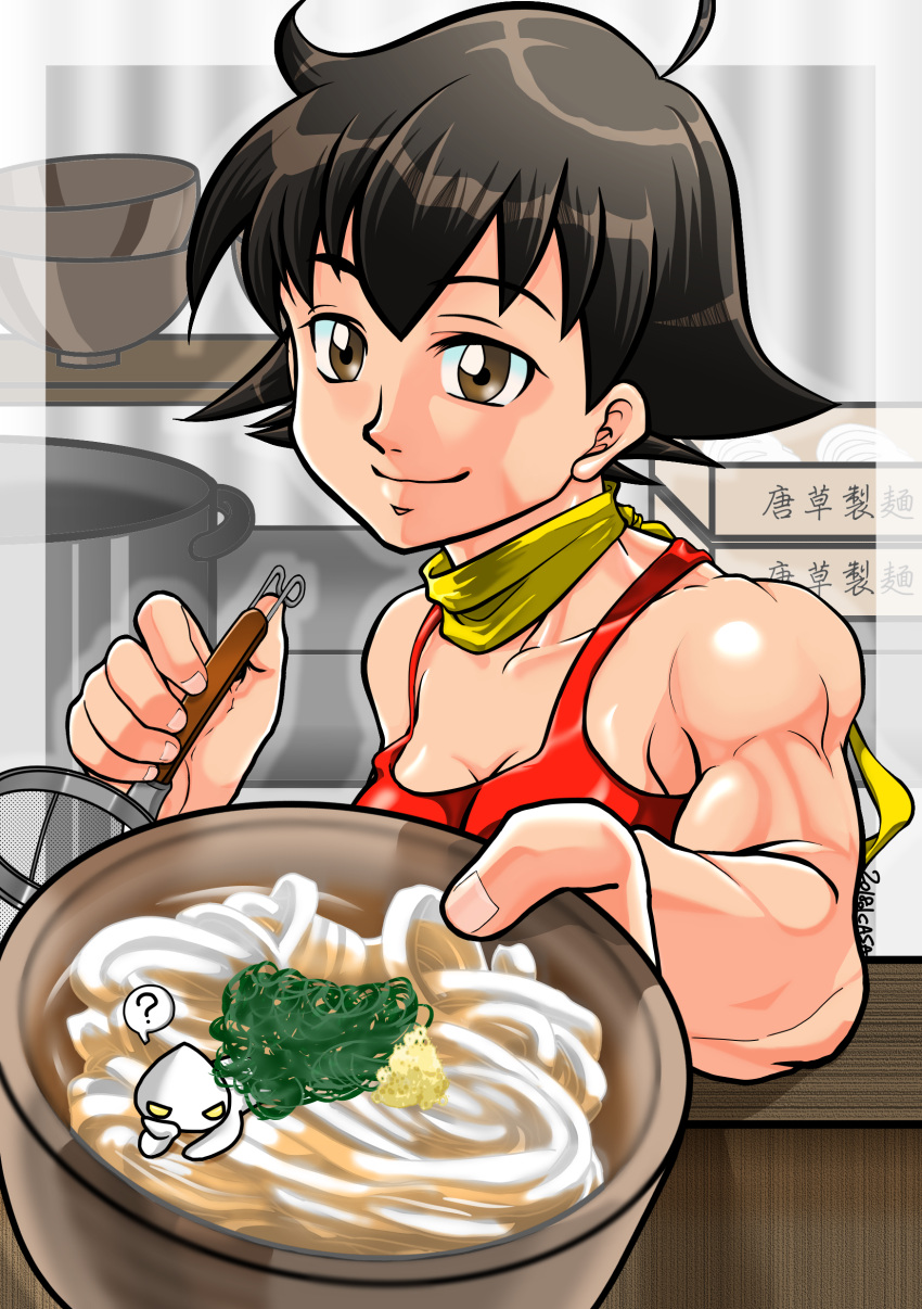 1girl, absurdres, ahoge, black_hair, bowl, bra, breasts, brown_eyes, casa, choker, cleavage, food, highres, ladle, looking_at_viewer, makoto_(street_fighter), medium_breasts, muscle, muscular_female, noodles, reaching_out, red_bra, ribbon_choker, short_hair, smile, solo, sports_bra, street_fighter, street_fighter_iii_(series), tomboy, underwear