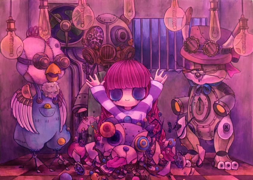 1girl, blue_eyes, cell, chicken, fan, gears, indoors, lightbulb