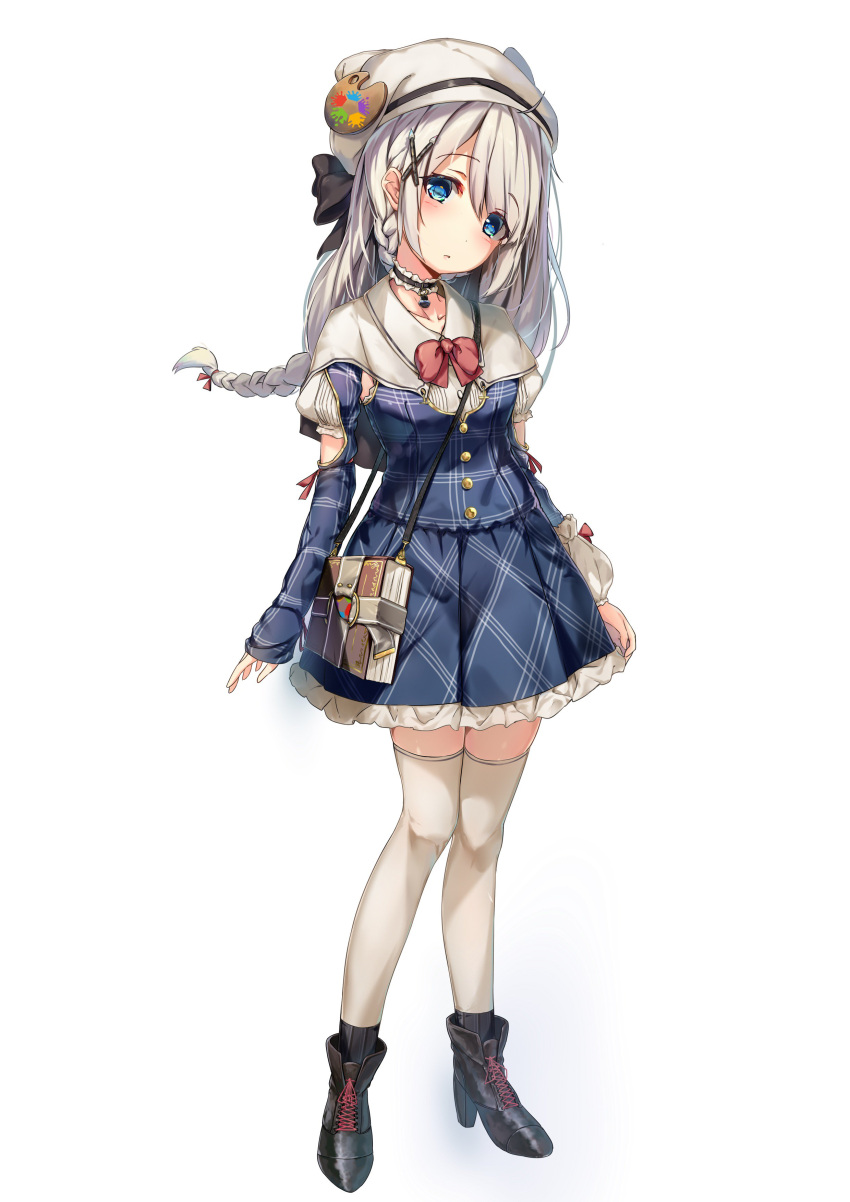 1girl, a.i._chainer, absurdres, bangs, beret, black_footwear, blue_eyes, blush