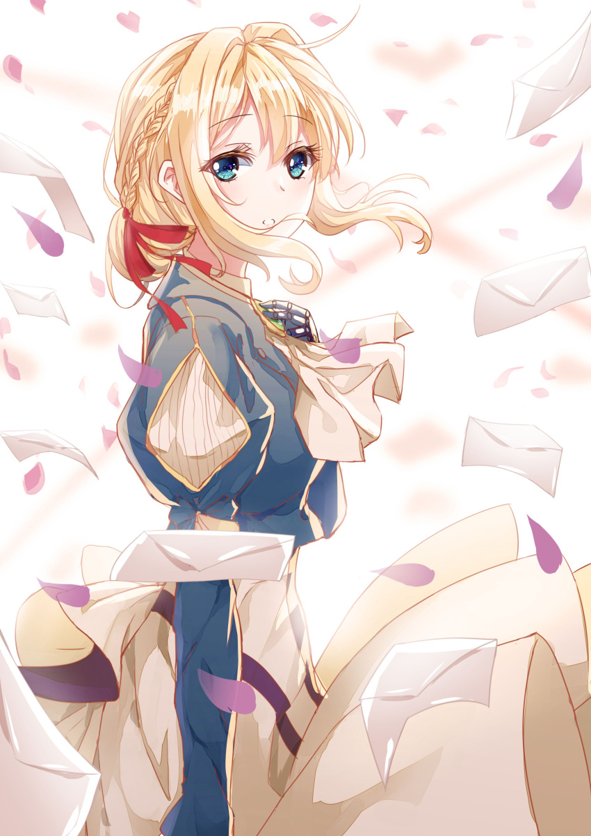 1girl, absurdres, bangs, blonde_hair, blue_eyes, blue_jacket, braid, brooch