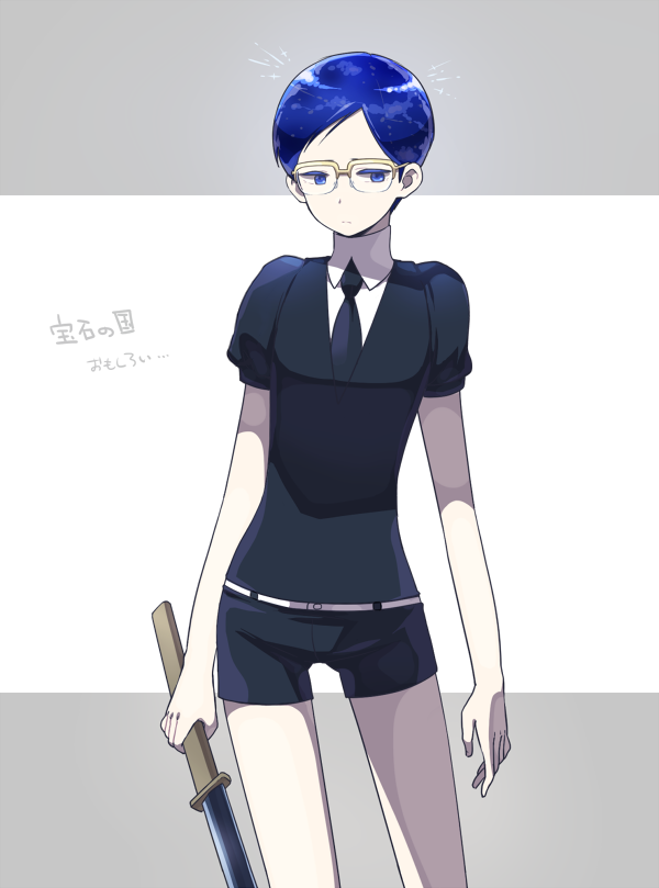 1boy, black_legwear, black_shorts, cosplay, glasses, houseki_no_kuni, lapis_lazuli_(houseki_no_kuni), lapis_lazuli_(houseki_no_kuni)_(cosplay)