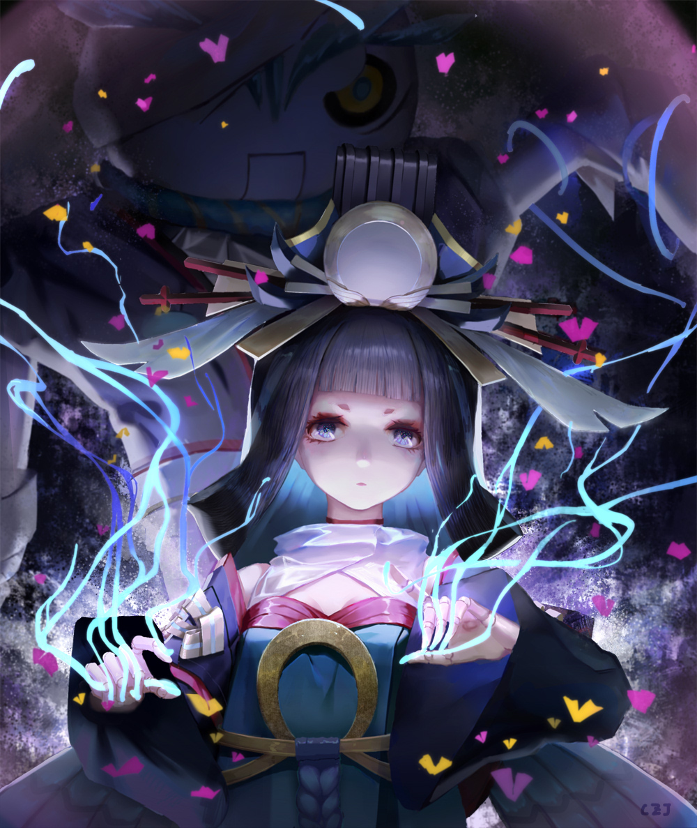 1girl, bandage, black_hair, blue_eyes, butterfly, canzhajiang, doll_joints, hair_ornament