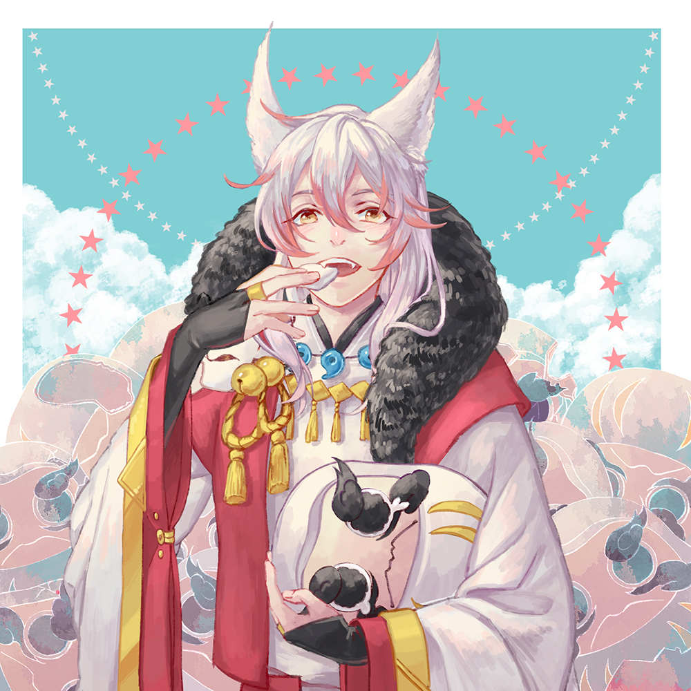 1boy, animal_ears, clouds, daruma_doll, facial_mark, fangs, fox_ears, fur_trim