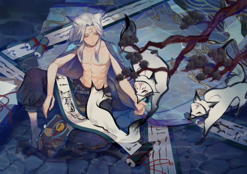 1boy, abs, absurdres, animal_ears, blue_hair, brush, ctrl_(821642), facial_mark