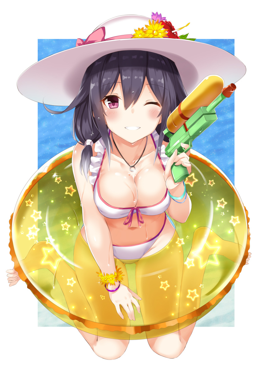 1girl, bikini, black_hair, blush, bracelet, breasts, cleavage, collarbone