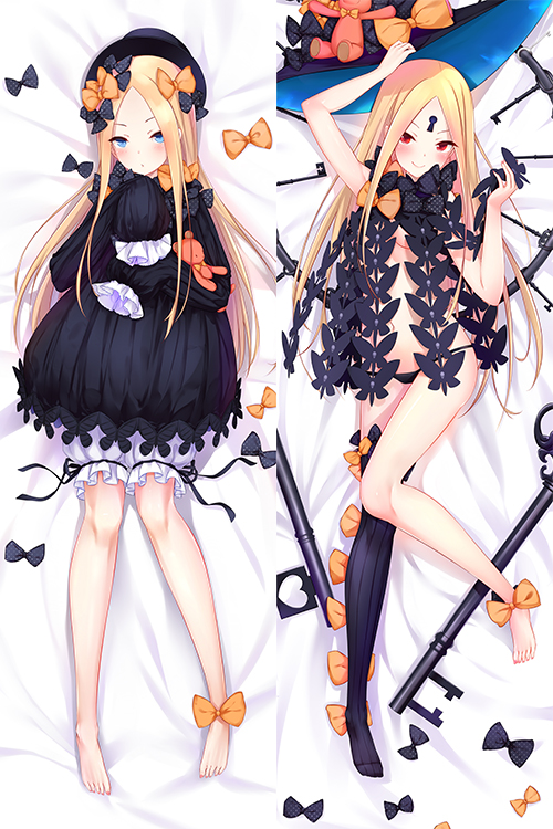 1girl, abigail_williams_(fate/grand_order), arm_up, bangs, bare_legs, barefoot, bed_sheet, black_bow