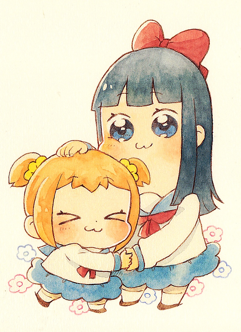 >3<, 2girls, :3, bangs, bkub_(style), blouse, blue_eyes, blue_hair