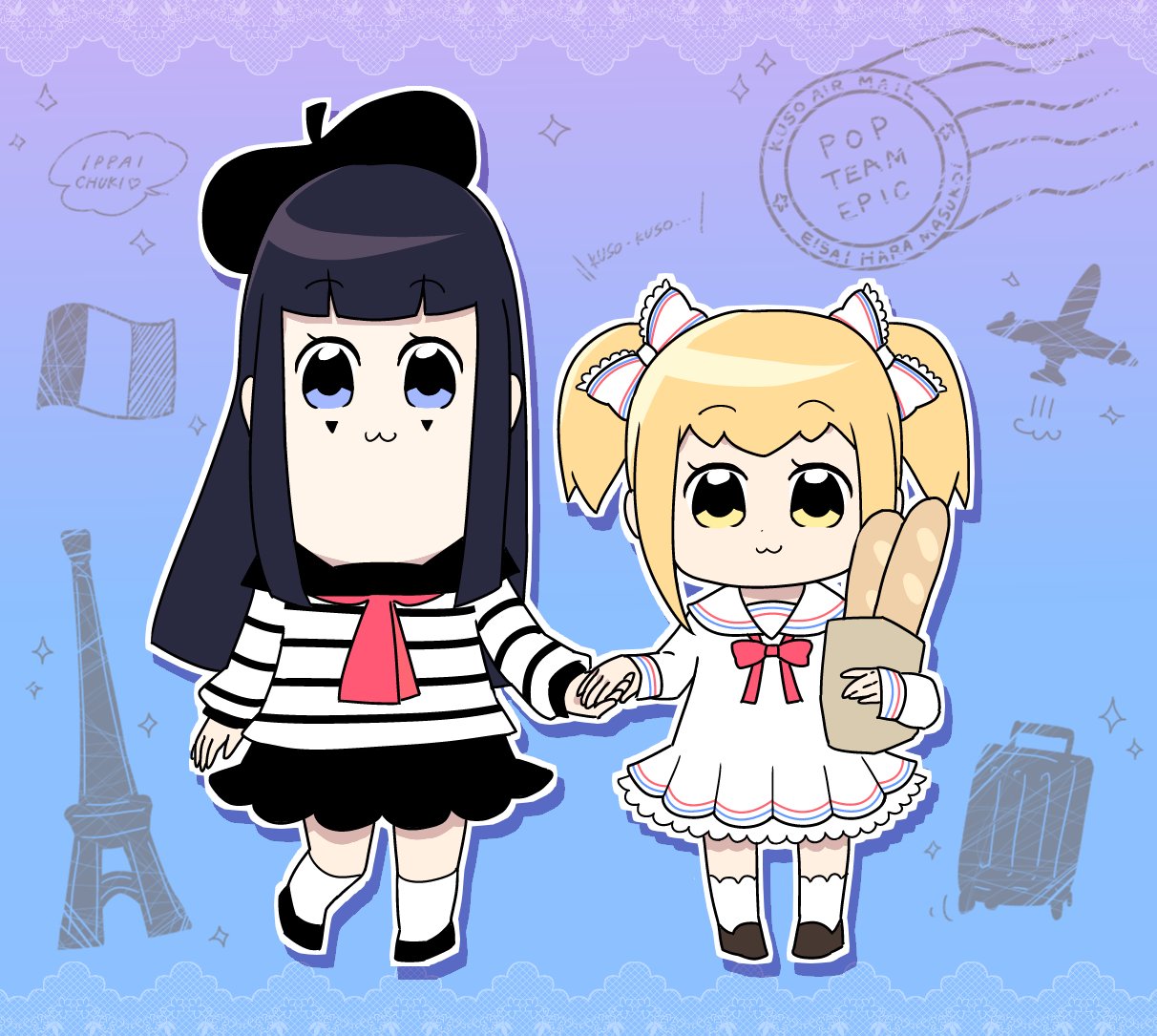 2girls, aircraft, airplane, alternate_hair_color, arms_up, bag, baguette, bkub_(style)