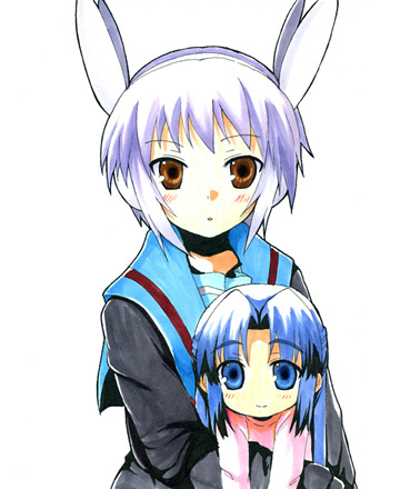 animal_ears, asakura_ryouko, blue_eyes, blue_hair, cardigan, chibi, child, headphones