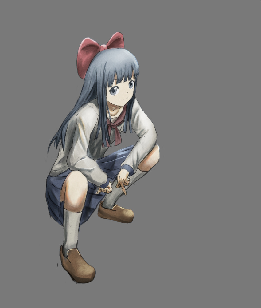1girl, bangs, blue_hair, blue_skirt, bow, brown_footwear, commentary_request, full_body