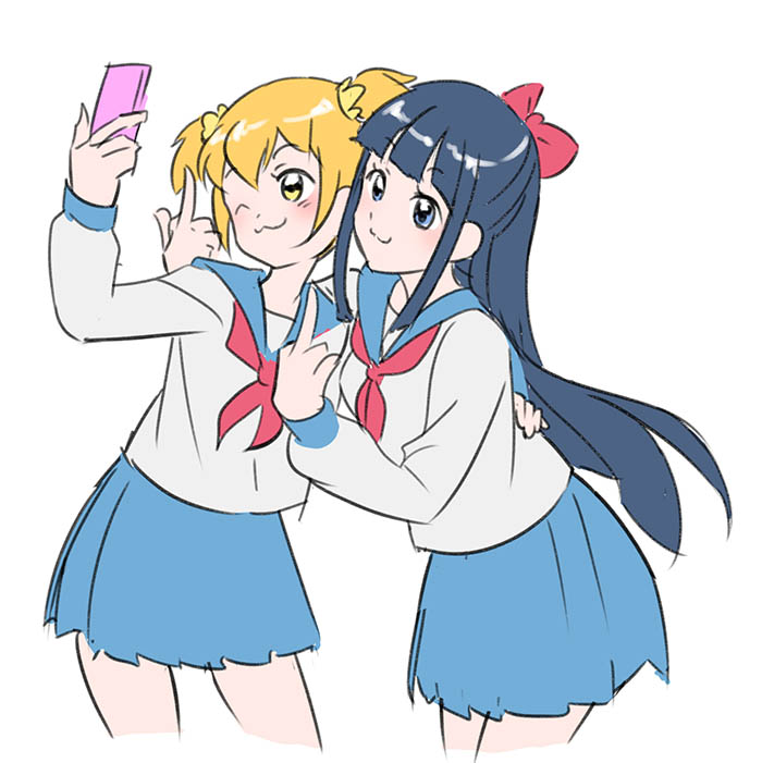 2girls, :3, alternate_hair_color, bangs, blonde_hair, blouse, blue_eyes, blue_hair, blue_sailor_collar, blue_skirt, blunt_bangs, blush, bow, closed_mouth, grey_shirt, hair_bow, hand_on_another's_back, holding, holding_phone, jiayu_long, leaning_forward, long_hair, long_sleeves, looking_at_phone, middle_finger, multiple_girls, neckerchief, phone, pink_bow, pink_neckwear, pipimi, pleated_skirt, poptepipic, popuko, pose, sailor_collar, self_shot, shiny, shiny_hair, shirt, short_hair, simple_background, skirt, white_background, yellow_eyes
