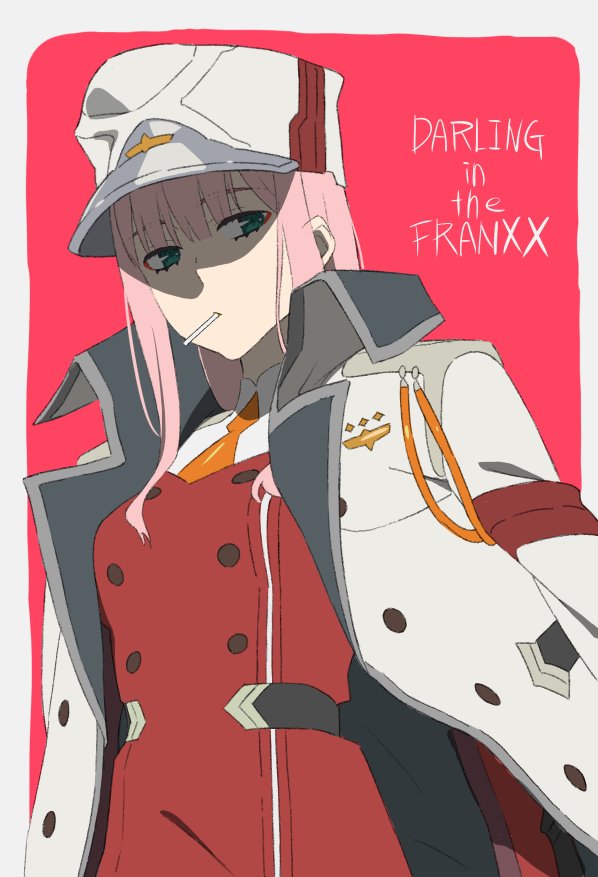 1girl, bangs, candy, darling_in_the_franxx, food, green_eyes, lollipop, long_hair, pink_background, pink_hair, text, unagi_(mj_yuki), uniform, zero_two_(darling_in_the_franxx)