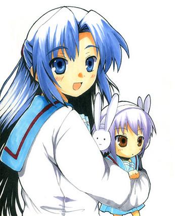 asakura_ryouko, blue_hair, blush, bunny_ears, chibi, child, inui_nagi, looking_back