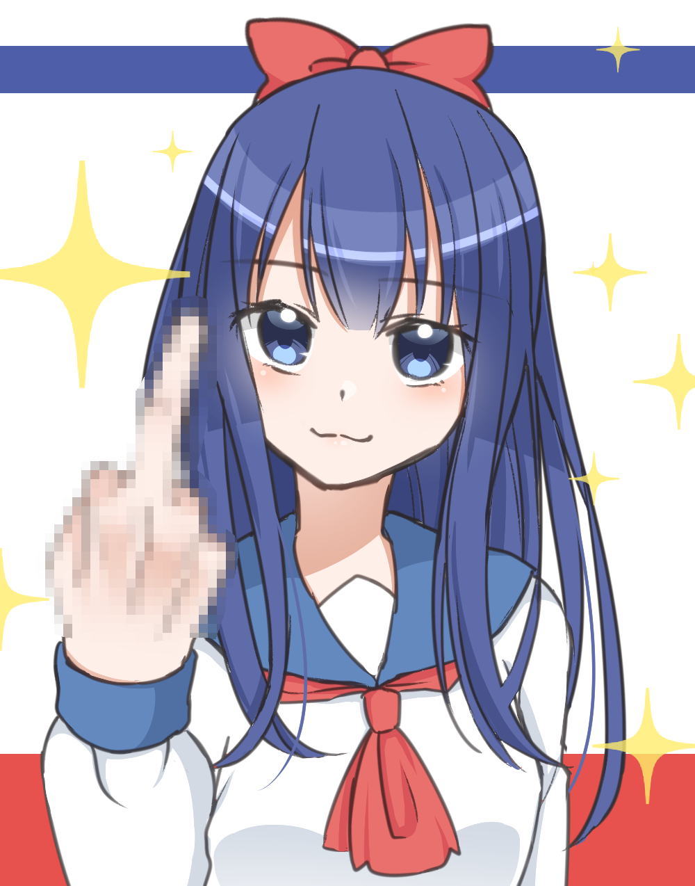 1girl, blouse, blue_eyes, blue_hair, blue_sailor_collar, bow, censored, closed_mouth, commentary_request, eyebrows_visible_through_hair, fake_censor, hair_bow, head_tilt, highres, long_hair, long_sleeves, looking_at_viewer, middle_finger, mihiro_momonoki, mosaic_censoring, neckerchief, pipimi, poptepipic, red_bow, red_neckwear, sailor_collar, school_uniform, serafuku, shiny, shiny_hair, shirt, solo, star, white_shirt