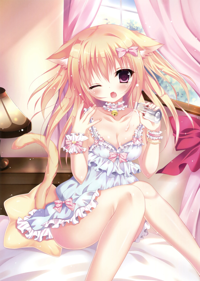 1girl, ;<, absurdres, animal_ears, bangs, bell, bent_knees, blonde_hair
