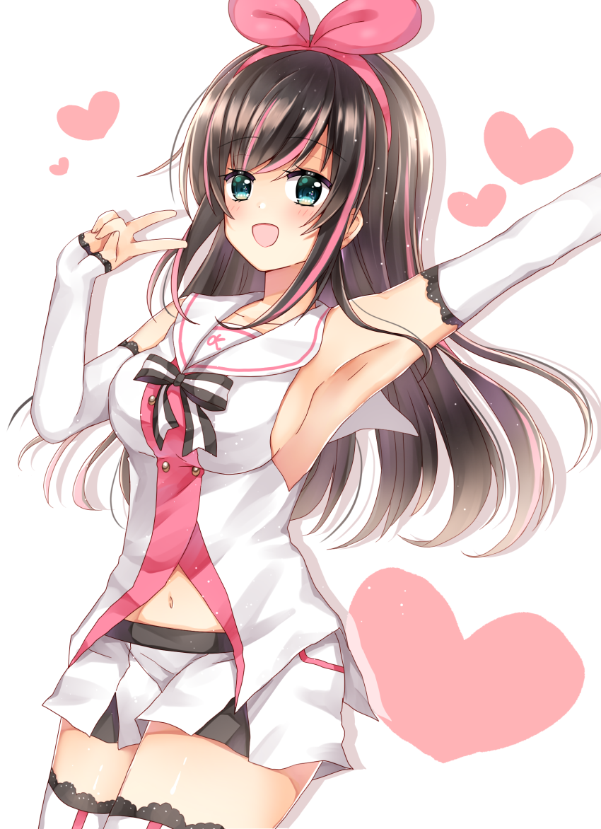 1girl, :d, a.i._channel, black_hair, blue_eyes, commentary_request, detached_sleeves, hairband, heart, kizuna_ai, long_hair, looking_at_viewer, navel, open_mouth, pleated_skirt, shikino_(sikinonono), simple_background, skirt, smile, solo, thigh-highs, v, virtual_youtuber, zettai_ryouiki