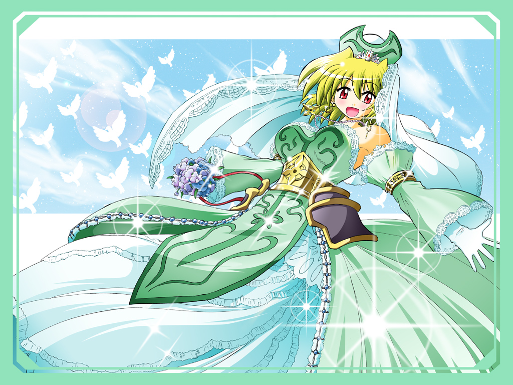 alternate_weapon, blonde_hair, blush, bouquet, bridal_veil, bride, detached_sleeves, dress