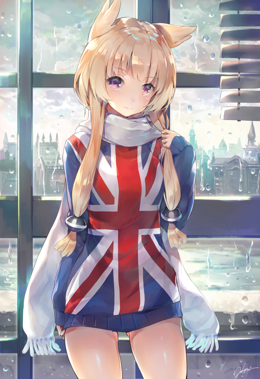 1girl, alternate_costume, animal_ears, azur_lane, backlighting, blonde_hair, blush, building