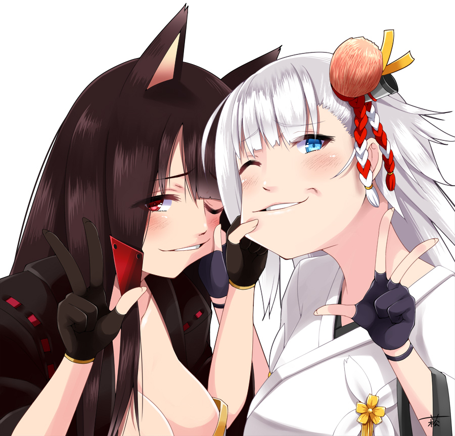 2girls, akagi_(azur_lane), animal_ears, azur_lane, black_gloves, black_hair, blue_eyes, breasts
