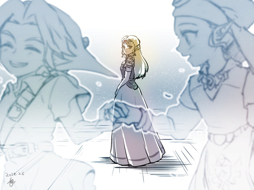 1boy, age_progression, blonde_hair, blue_eyes, blush, dress, hat, highres, link, long_dress, long_hair, momen_(6p6), pointy_ears, princess_zelda, short_hair, smile, the_legend_of_zelda, the_legend_of_zelda:_ocarina_of_time, young_link, young_zelda, younger