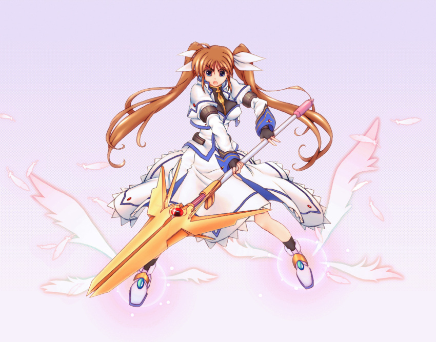 blue_eyes, fingerless_gloves, gloves, long_hair, mahou_shoujo_lyrical_nanoha, mahou_shoujo_lyrical_nanoha_strikers, purple_eyes, raising_heart