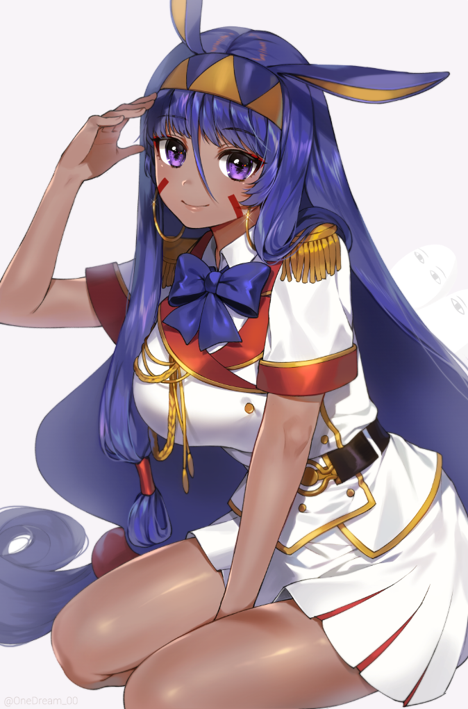 1girl, bangs, bare_legs, belt, between_legs, black_belt, blue_bow, blue_hair
