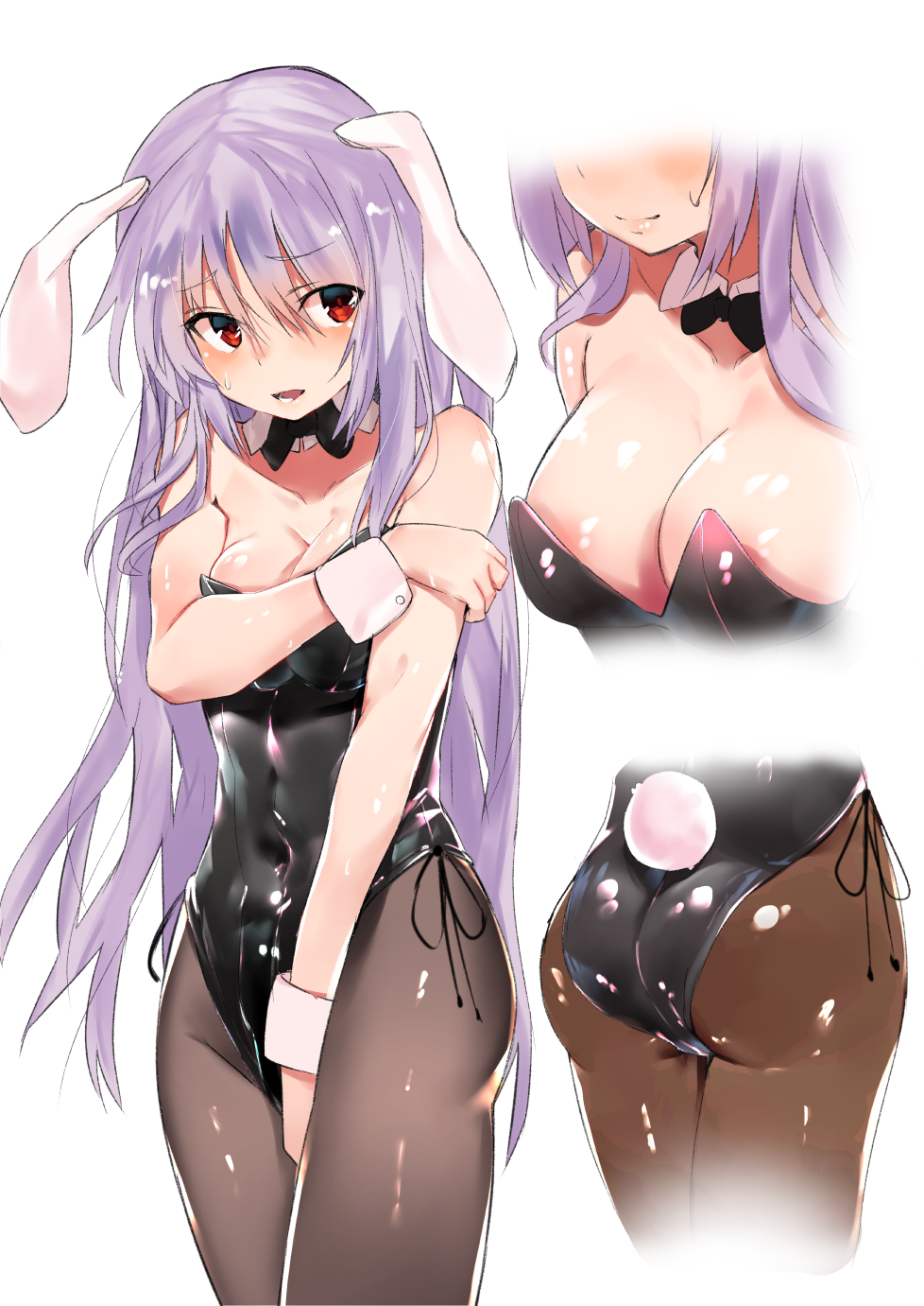 1girl, alternate_costume, animal_ears, ass, asuzemu, bare_arms, bare_shoulders, black_bow, bow, breasts, bunny_girl, bunny_tail, bunnysuit, cleavage, collarbone, commentary_request, covered_navel, covering, covering_breasts, detached_collar, embarrassed, eyebrows_visible_through_hair, highres, large_breasts, long_hair, looking_at_viewer, multiple_views, neck_bow, pantyhose, parted_lips, purple_hair, rabbit_ears, red_eyes, reisen_udongein_inaba, shiny, shiny_clothes, simple_background, sweatdrop, tail, touhou, very_long_hair, white_background, wrist_cuffs