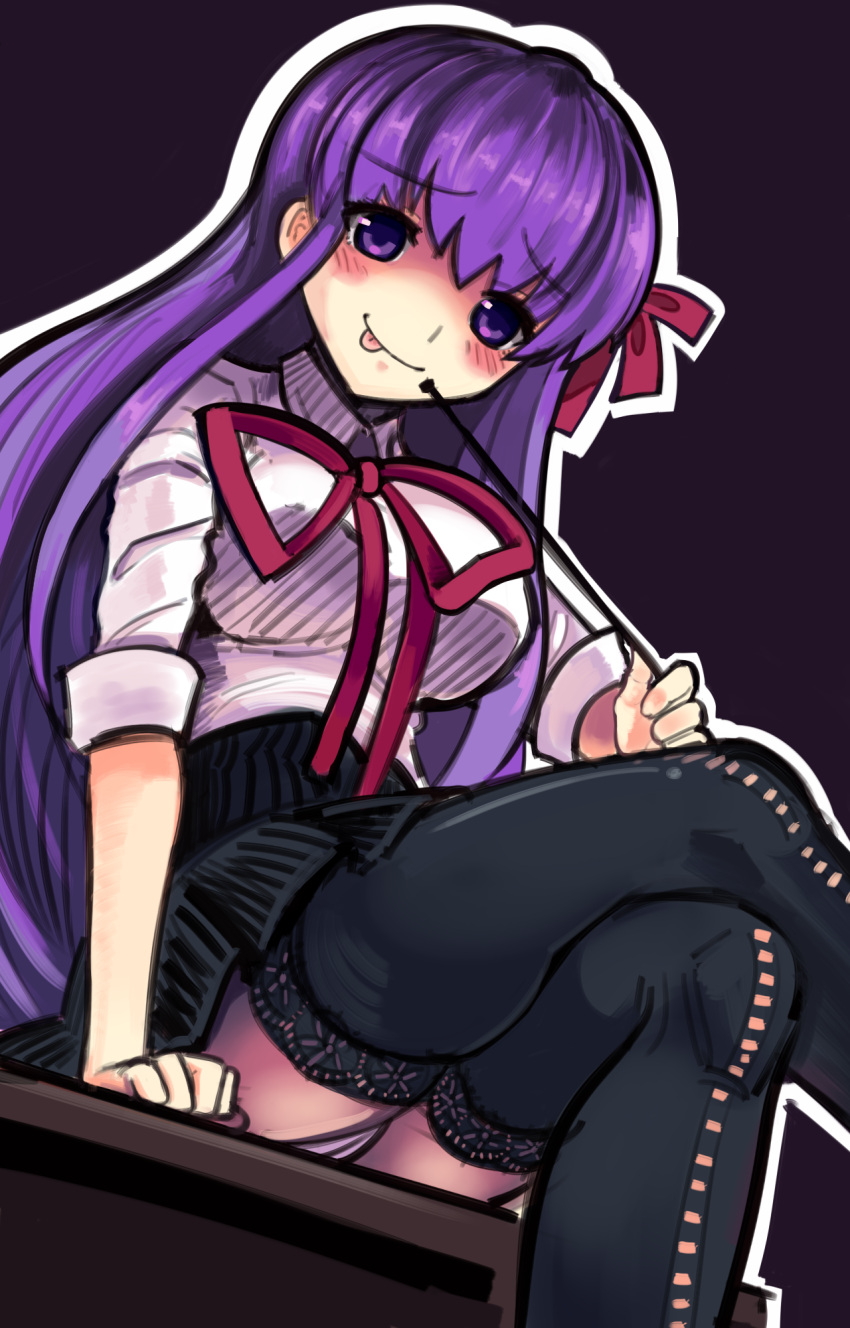 1girl, ahoge, bangs, bb_(fate/extra_ccc), bent_knees, black_background, black_legwear, black_skirt, blush, blush_stickers, boa_(brianoa), bow, breasts, commentary_request, dimples, eyebrows_visible_through_hair, fate/extra, fate/extra_ccc, fate_(series), hair_between_eyes, hair_ribbon, highres, holding, knuckles, legs_crossed, long_hair, looking_at_viewer, matou_sakura, outline, panties, purple_hair, red_bow, red_ribbon, ribbon, sitting, skirt, sleeves_rolled_up, solo, swimsuit, thigh-highs, tongue, tongue_out, type-moon, underwear, violet_eyes