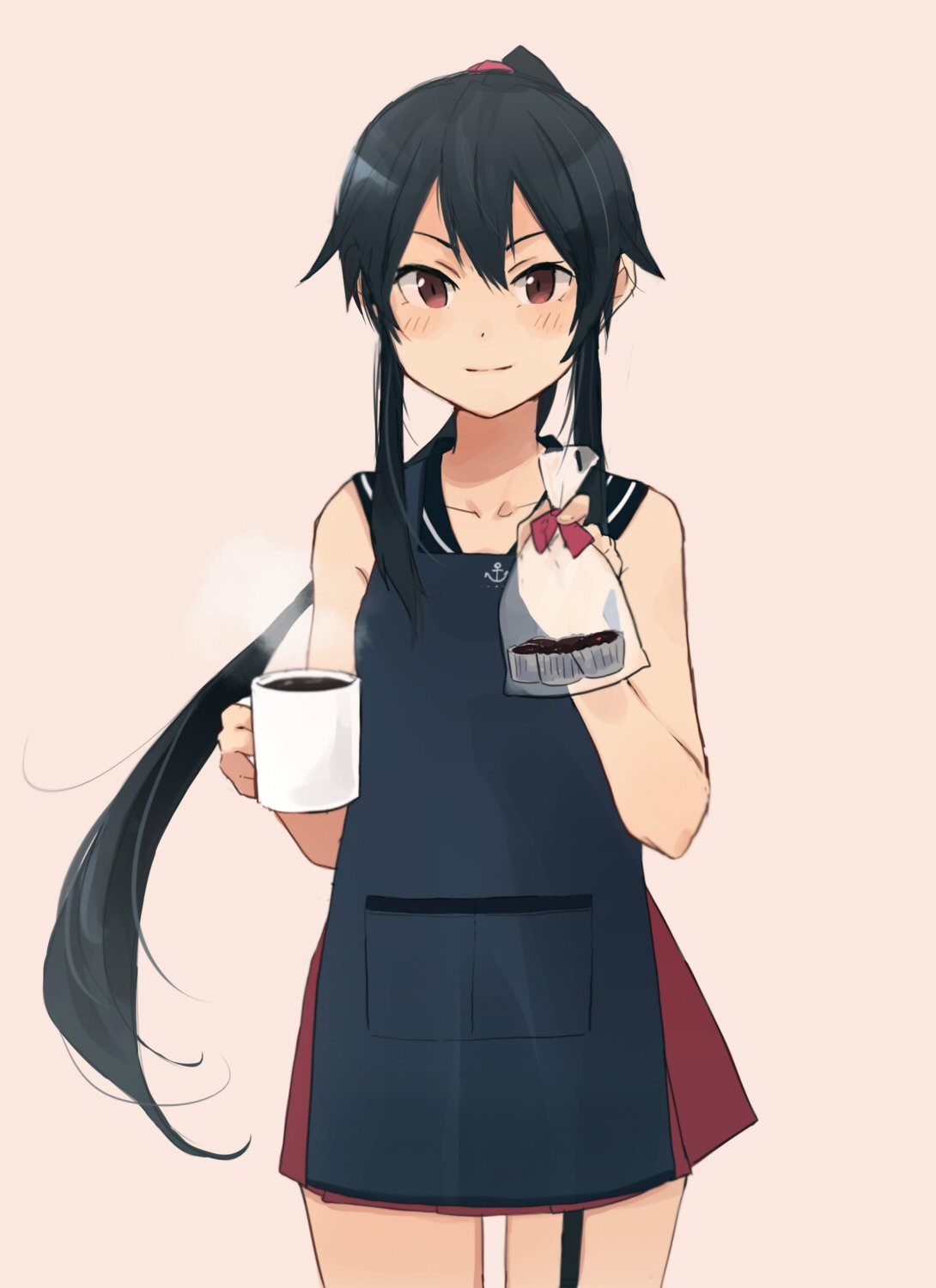 1girl, annin_musou, apron, black_apron, black_hair, black_sailor_collar, chocolate, cup