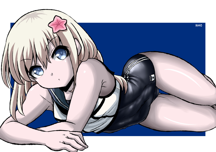 1girl, absurdres, artist_name, black_neckwear, black_sailor_collar, black_swimsuit, blonde_hair, blue_eyes