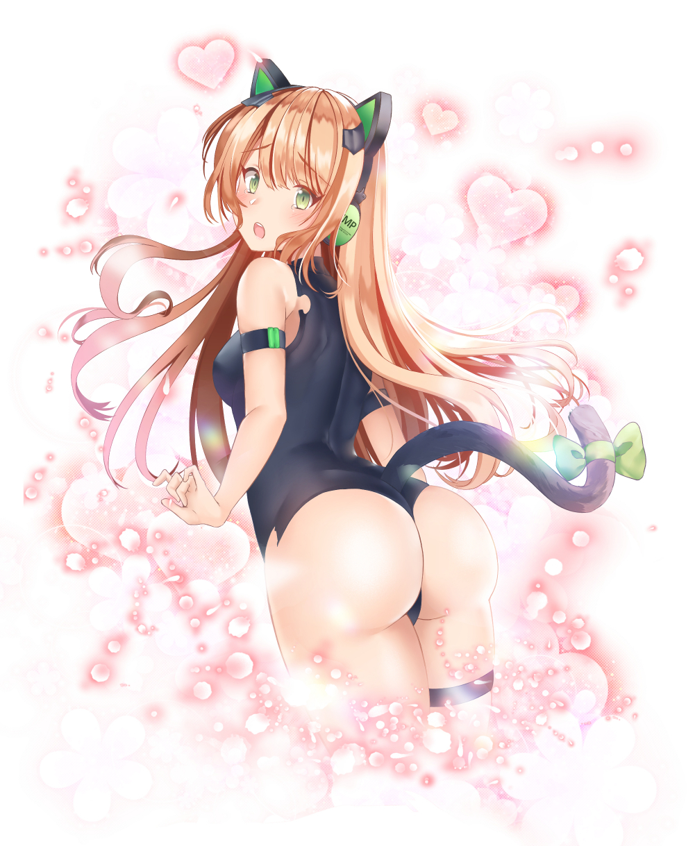 1girl, arched_back, armlet, arms_at_sides, ass, bangs, blush, bow